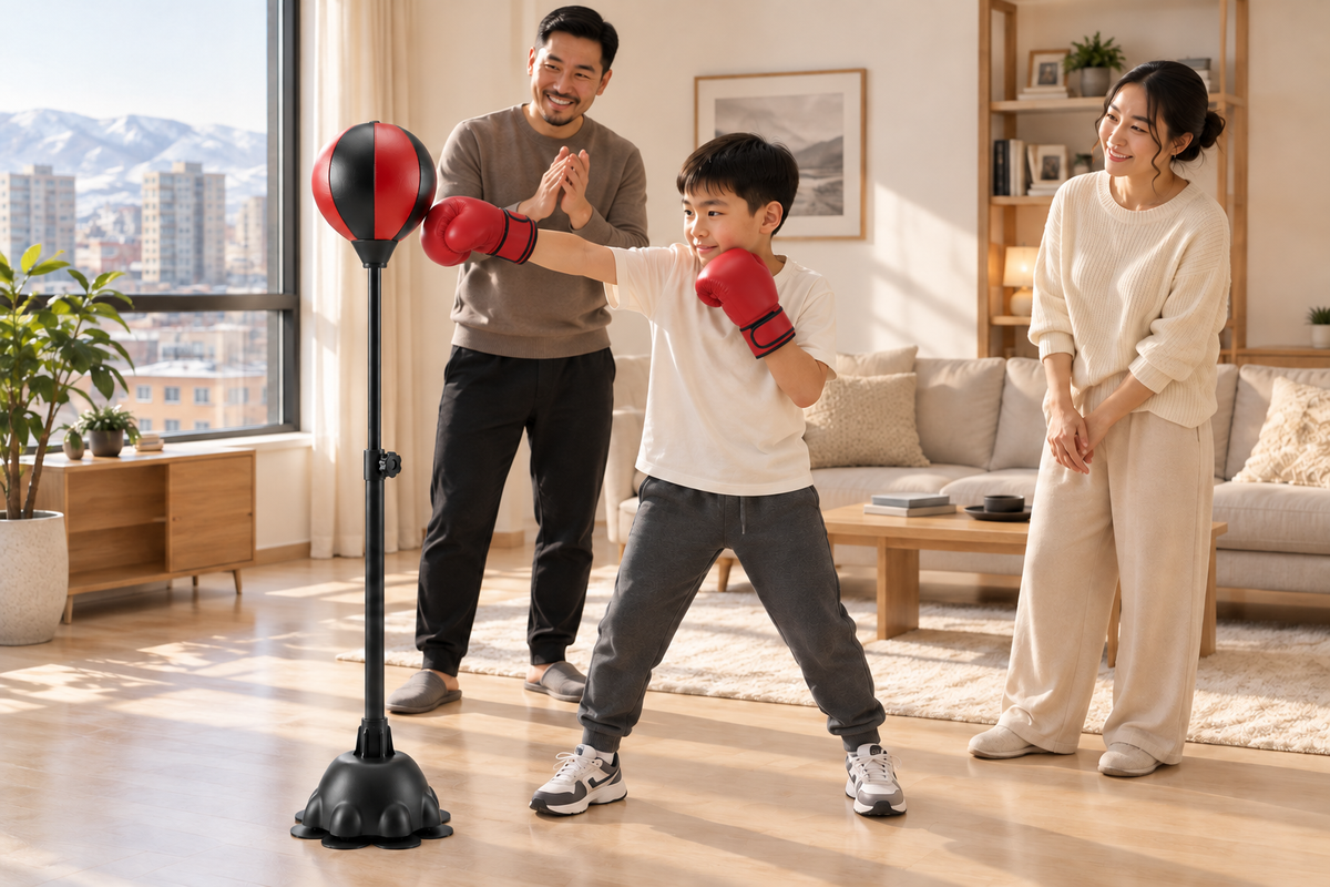 Ээж аав нь харж байхад BOXPRO ашиглаж буй хүүхэд — AI сурталчилгааны дүрслэл
